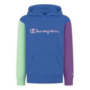 Champion Colorblock Hoodie M | Blue Green Purple Script Logo Fleece Sweatshirt